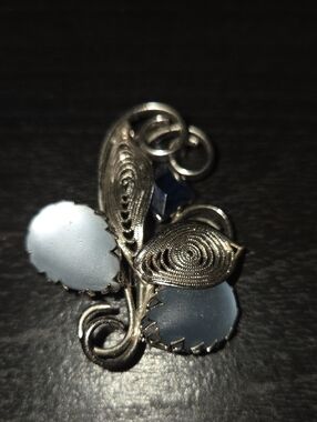 Vintage Sterling Silver Filigree Brooch with Matte Blue Cabochons